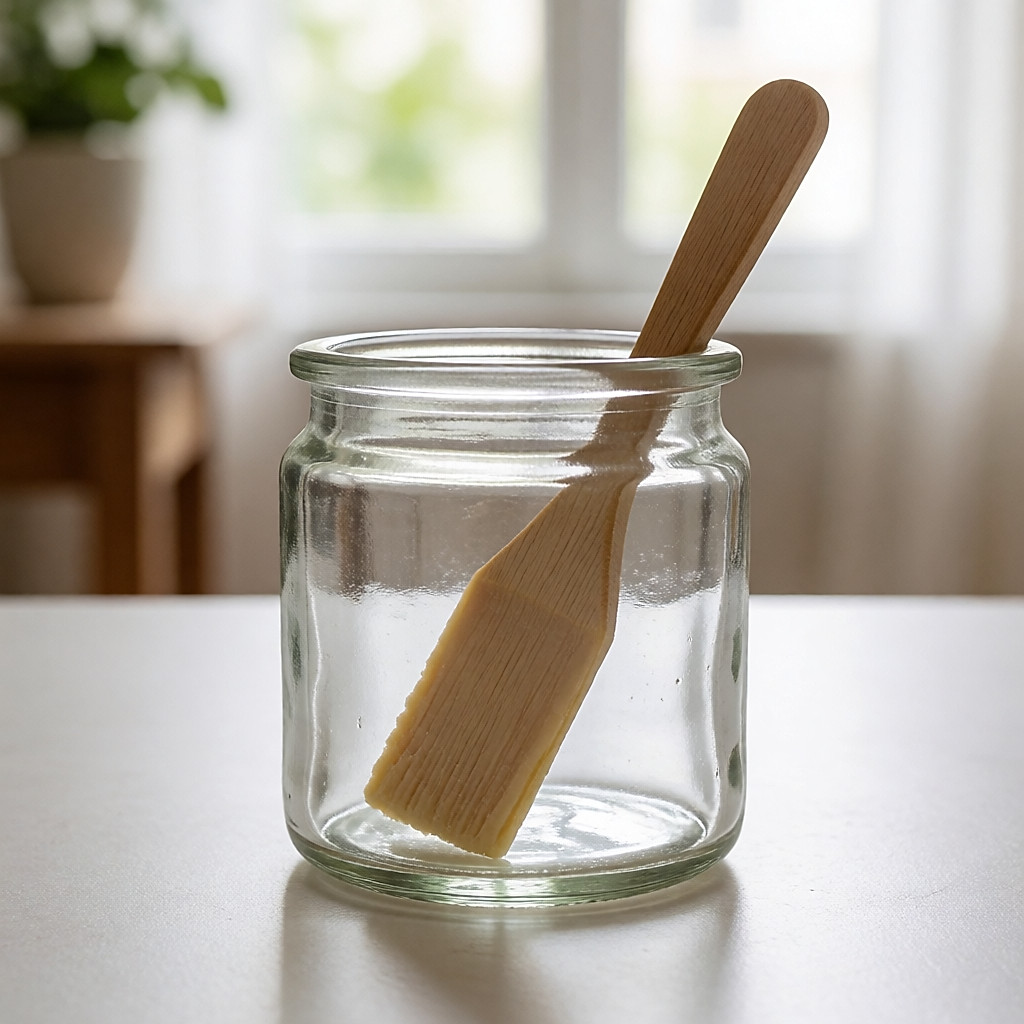 Beldi black soap paste in a glass jar, scooped with a wooden spatula