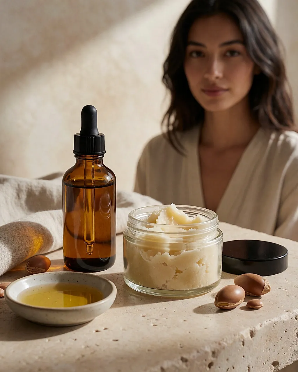 Amber glass bottle of argan oil and a jar of raw shea butter on a warm stone