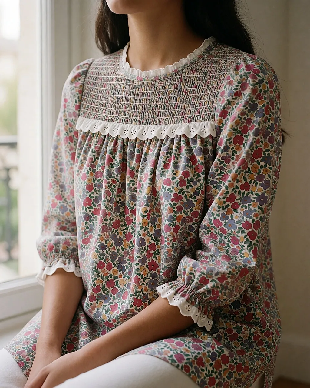Close-up of broderie anglaise and smocking on a ditsy floral tunic