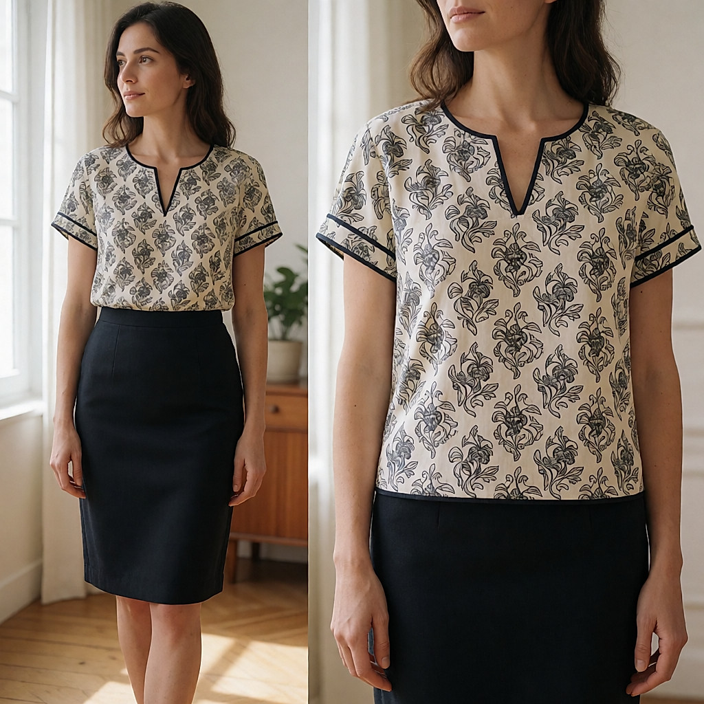 Printed tunic with a drawn portrait worn with a dark pencil skirt
