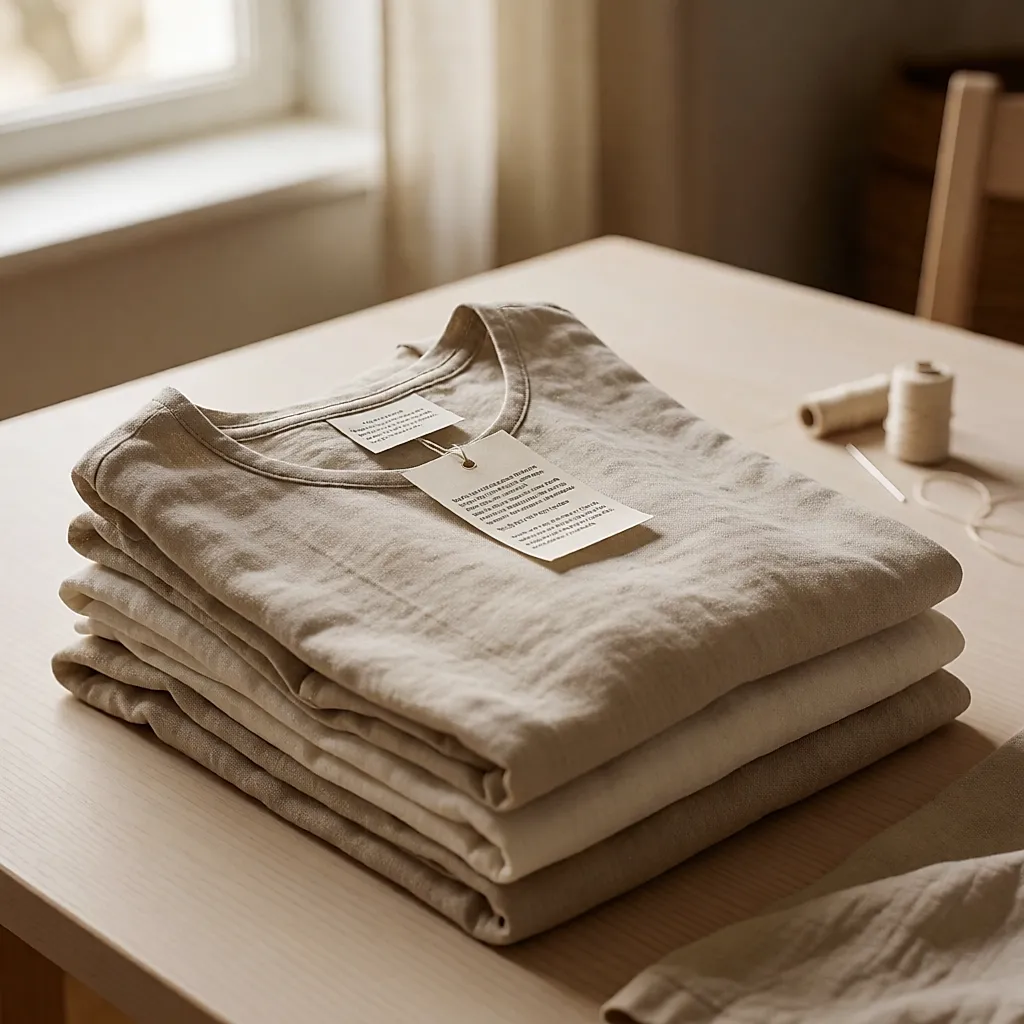 Folded tunics with care labels and a small sewing kit