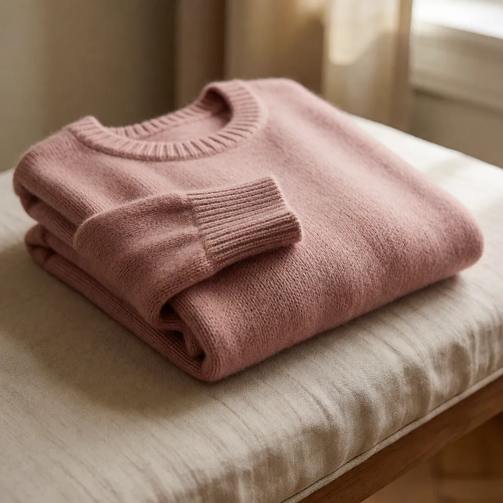 Pull en laine mérinos fine rose dragée plié sur un banc couvert de lin, maille et bord côte visibles