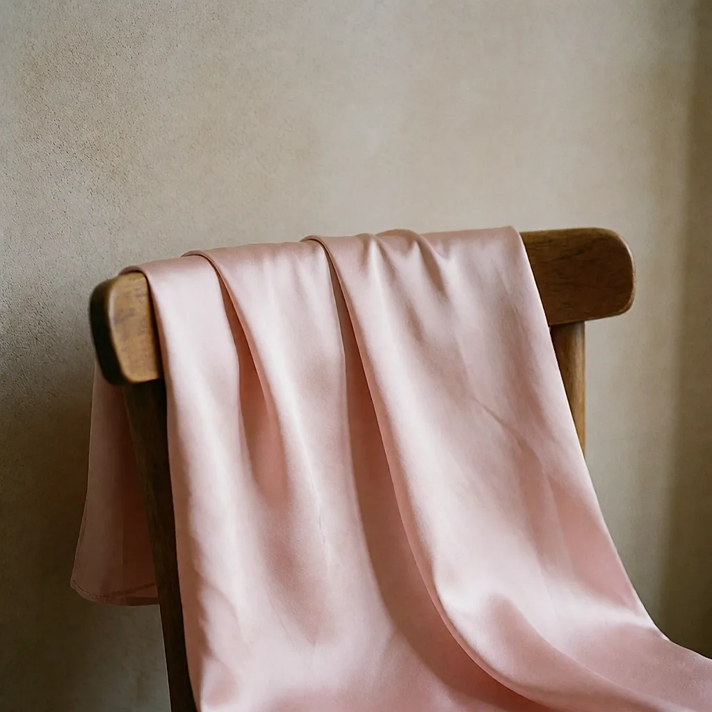 Foulard ou tissu en soie rose poudré drapé sur une chaise en bois