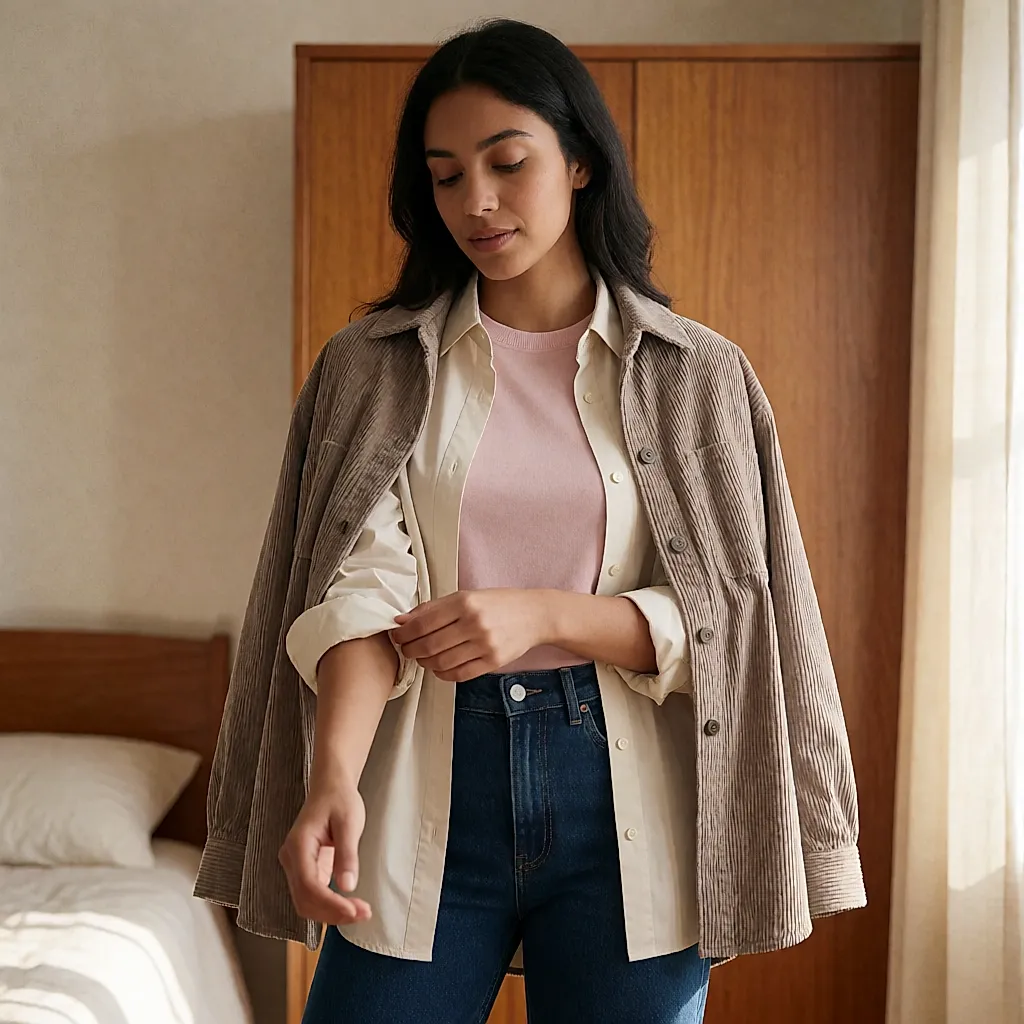 Femme portant une maille rose poudré, une chemise écrue ouverte et une surchemise en velours côtelé