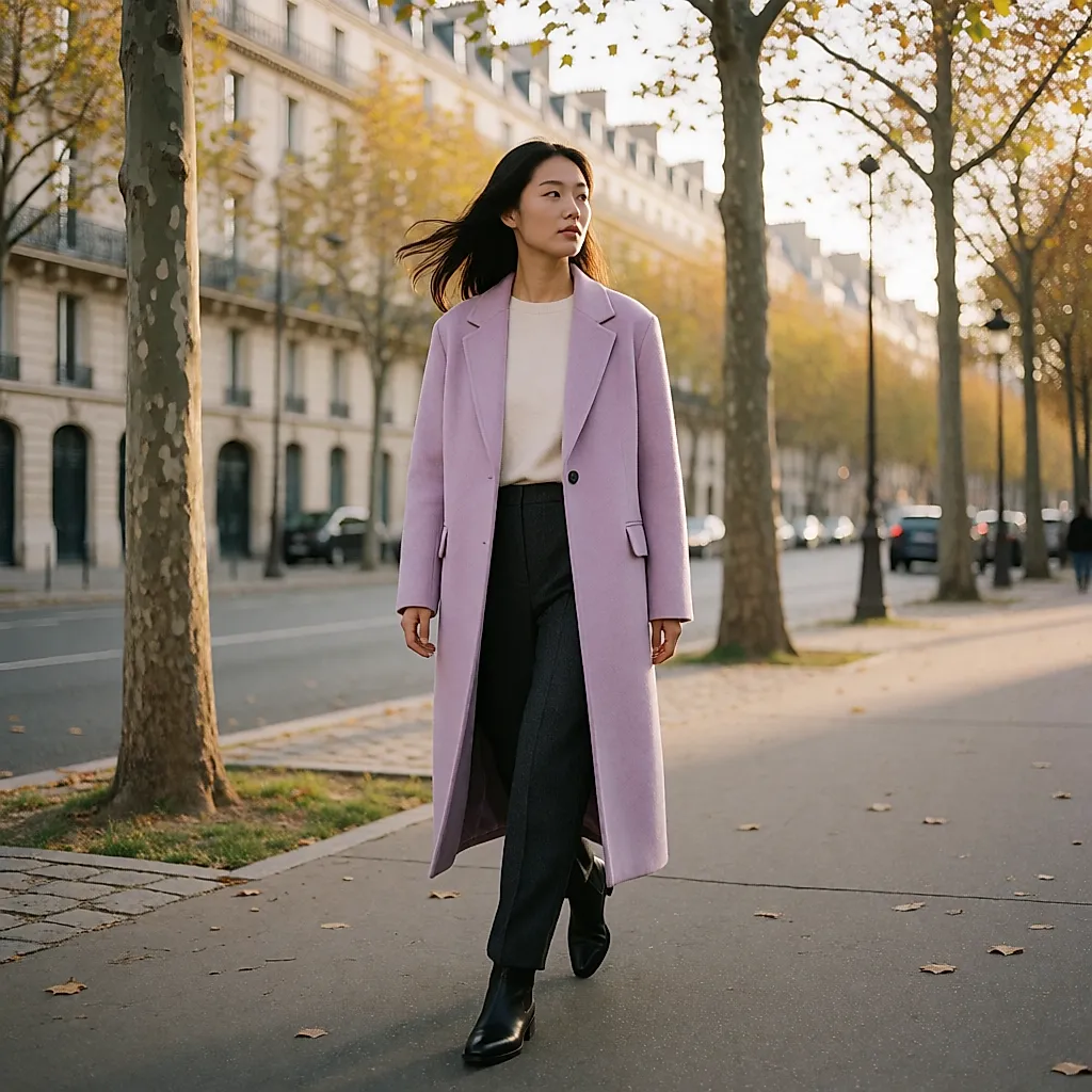 Manteau long lilas poudré porté dans la rue avec maille crème et pantalon tailleur