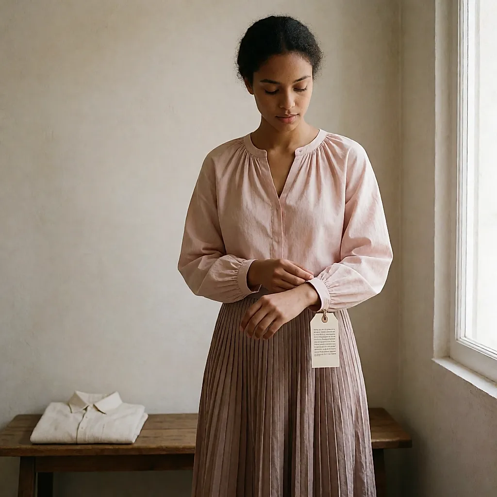 Une femme en cabine ajuste une blouse rose poudrée, une petite étiquette de prix visible à la manche