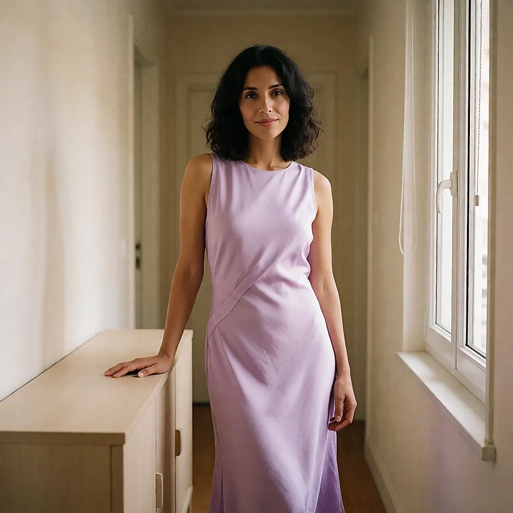 Robe fluide lilas poudré portée, drapé souple dans la lumière du jour