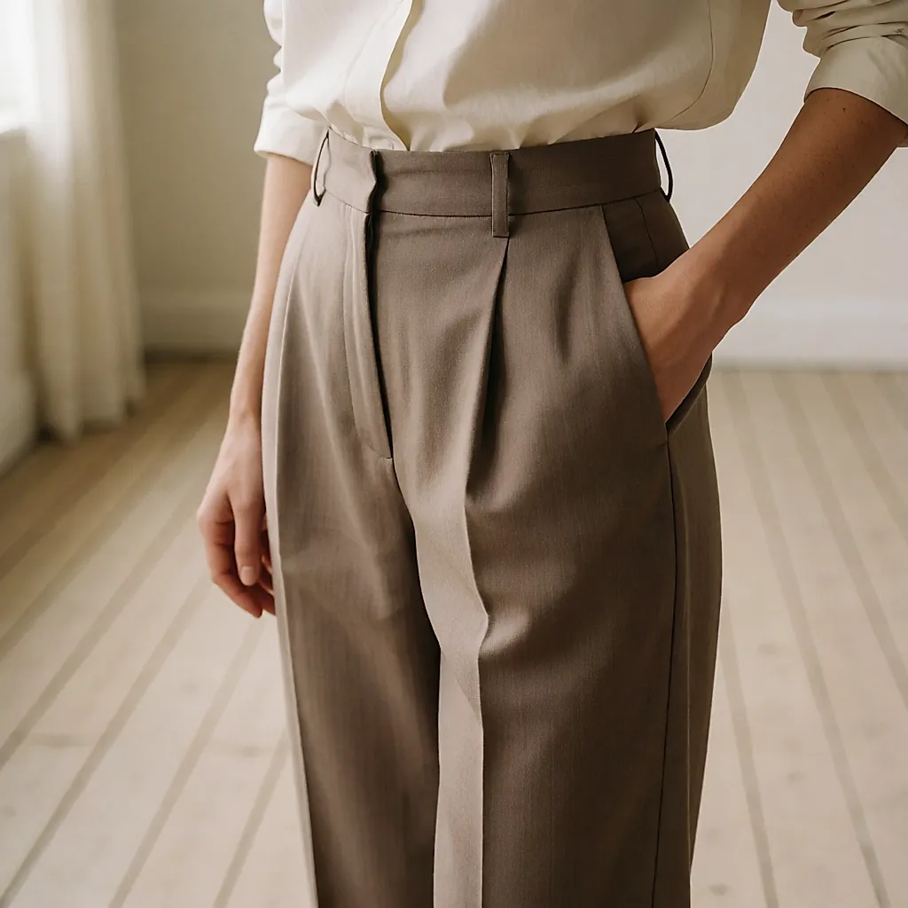 Pantalon à pinces taupe rosé porté avec une chemise blanc cassé