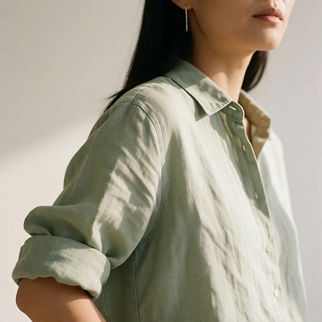Chemise en lin lavé vert sauge, matière mate et froissée sur l'épaule
