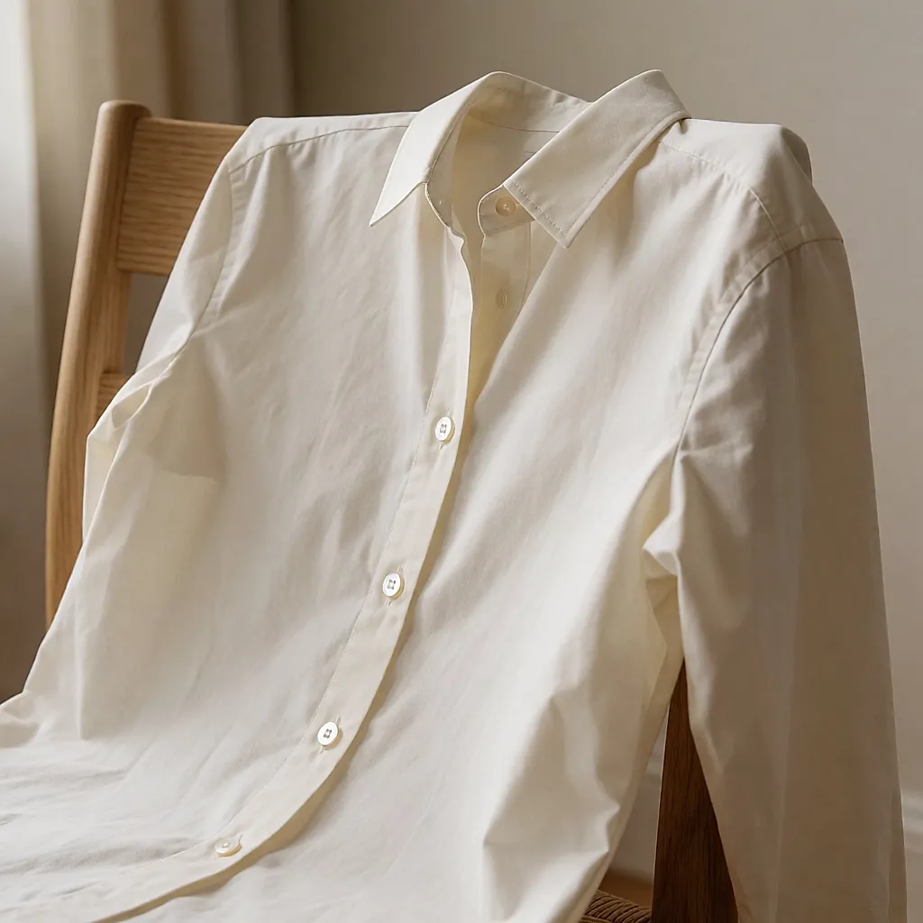 Chemise en popeline de coton bio écrue posée sur une chaise en bois, texture mate et boutons nacrés