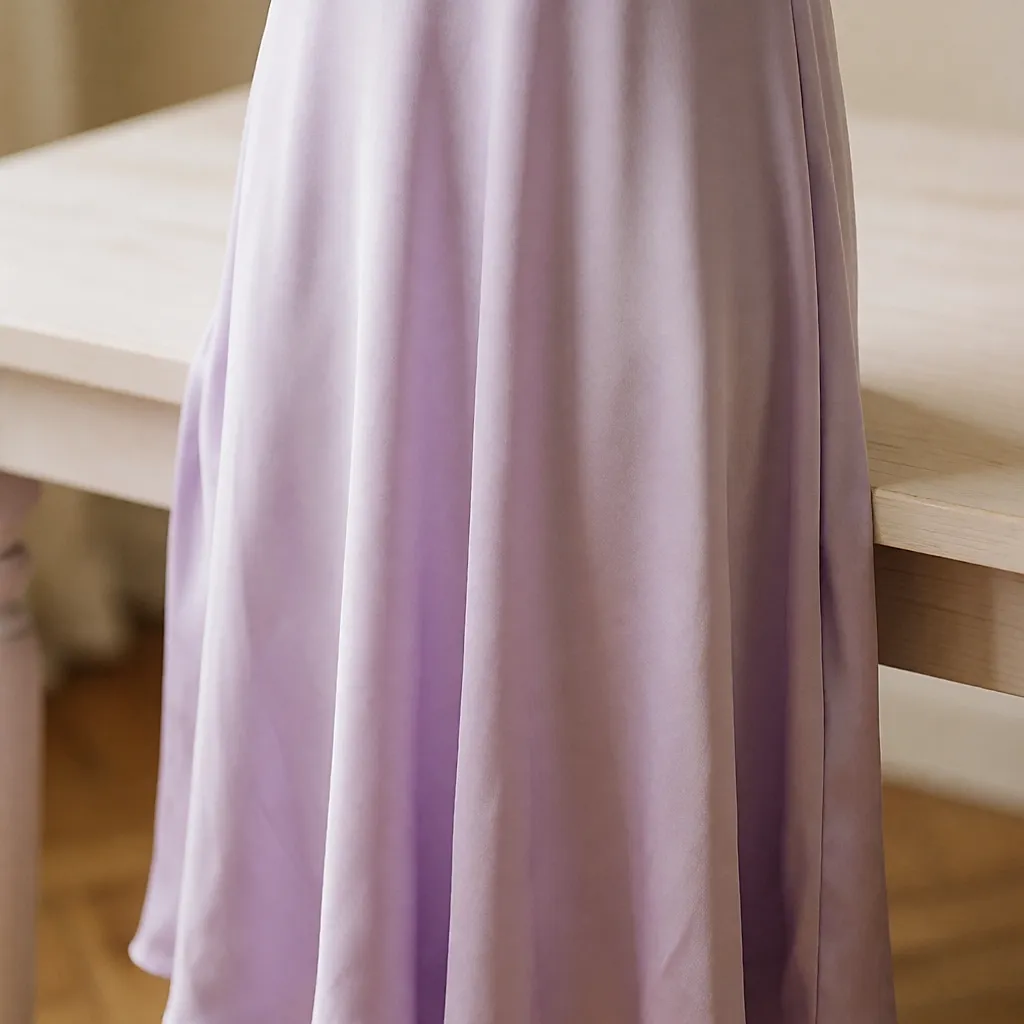 Robe en lyocell lilas poudré drapée sur une table en bois, plis fluides et surface satinée mate