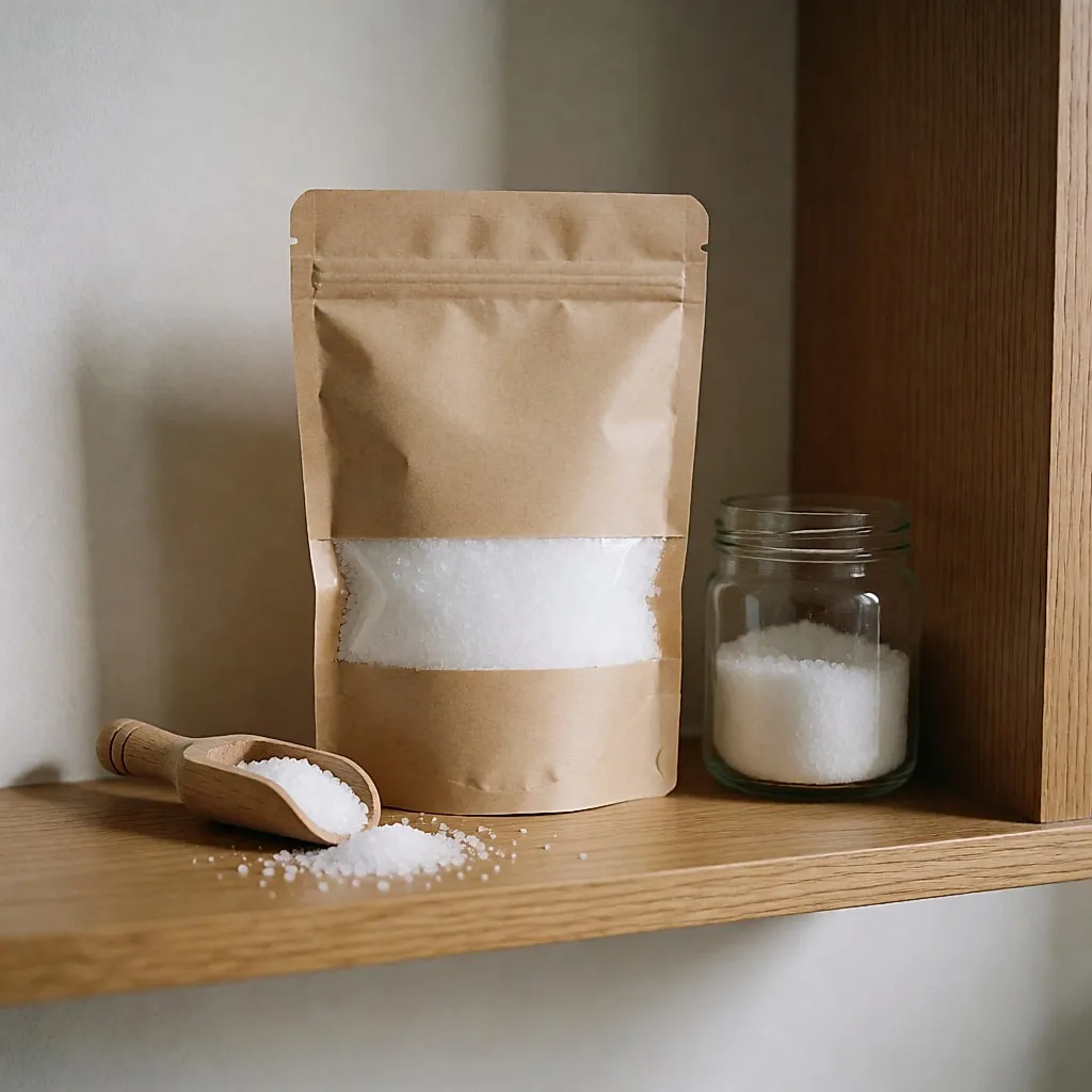 Sac kraft refermable de sel d'Epsom ouvert, cuillère en bois et bocal en verre