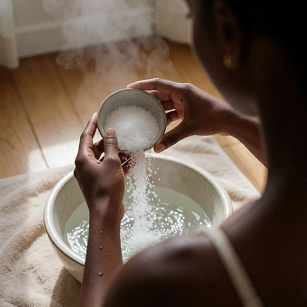 Mains d'une femme noire versant du sel d'Epsom dans une bassine d'eau chaude