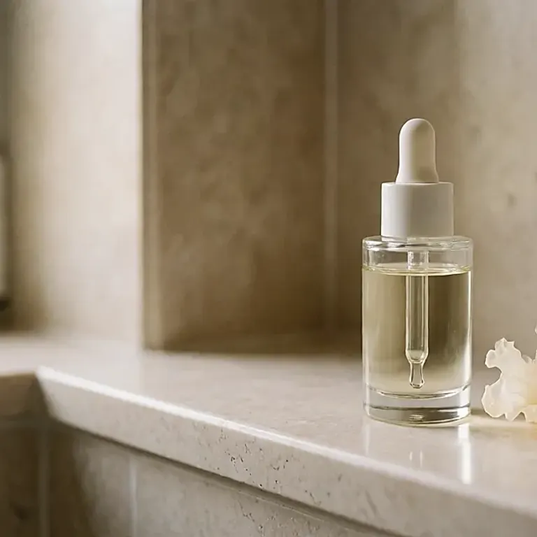 Glasfläschchen mit Tremella-Serum, dem feuchtigkeitsspendenden Wirkstoff aus dem Pilz, für angenehme Haut im Winter