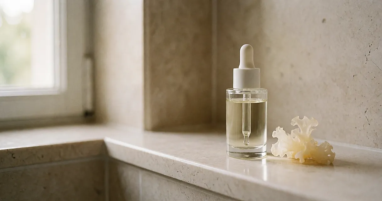 Glasfläschchen mit Tremella-Serum, dem feuchtigkeitsspendenden Wirkstoff aus dem Pilz, für angenehme Haut im Winter