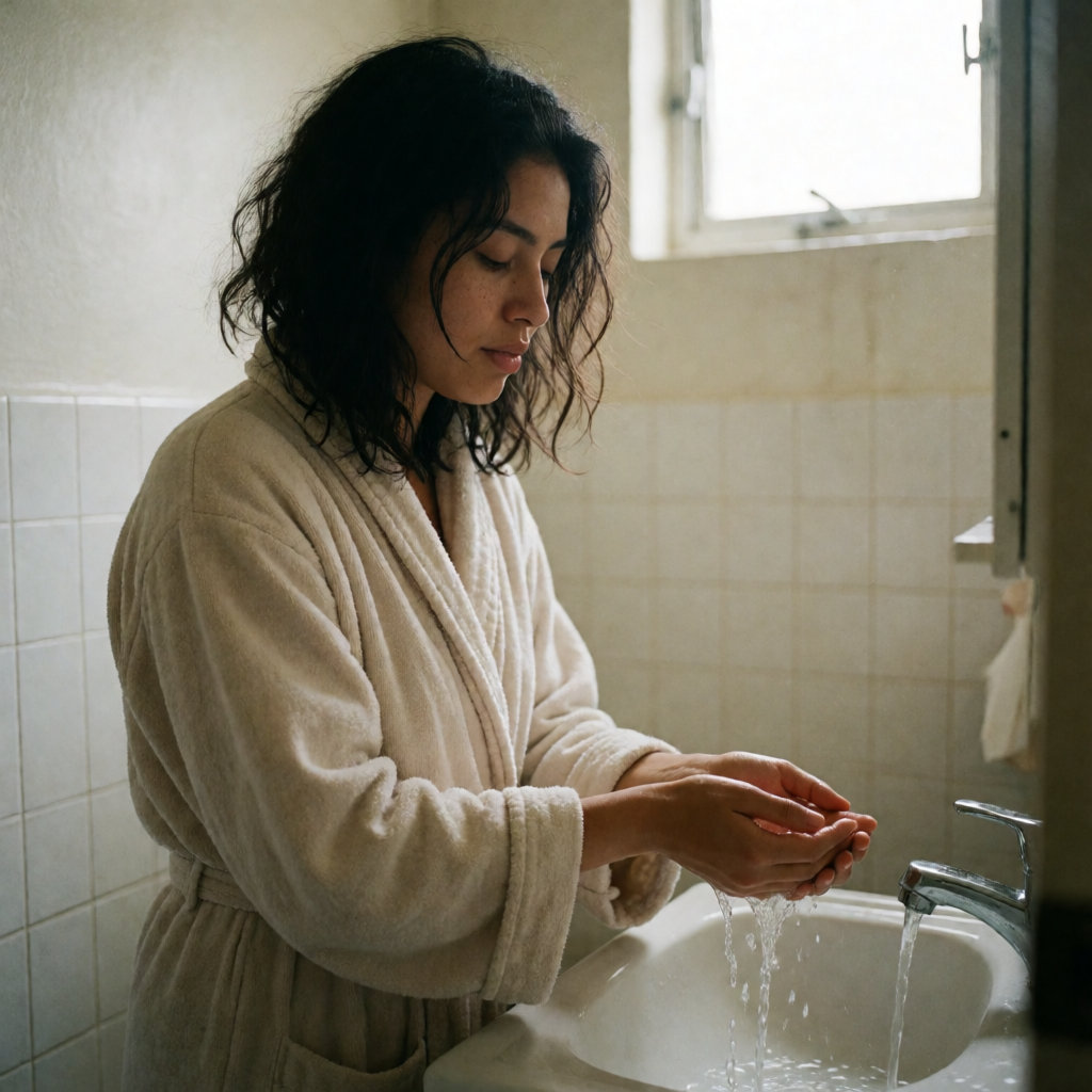 Jeune femme latina au visage naturel se lavant les mains à l'eau tiède au-dessus d'un lavabo de salle de bain