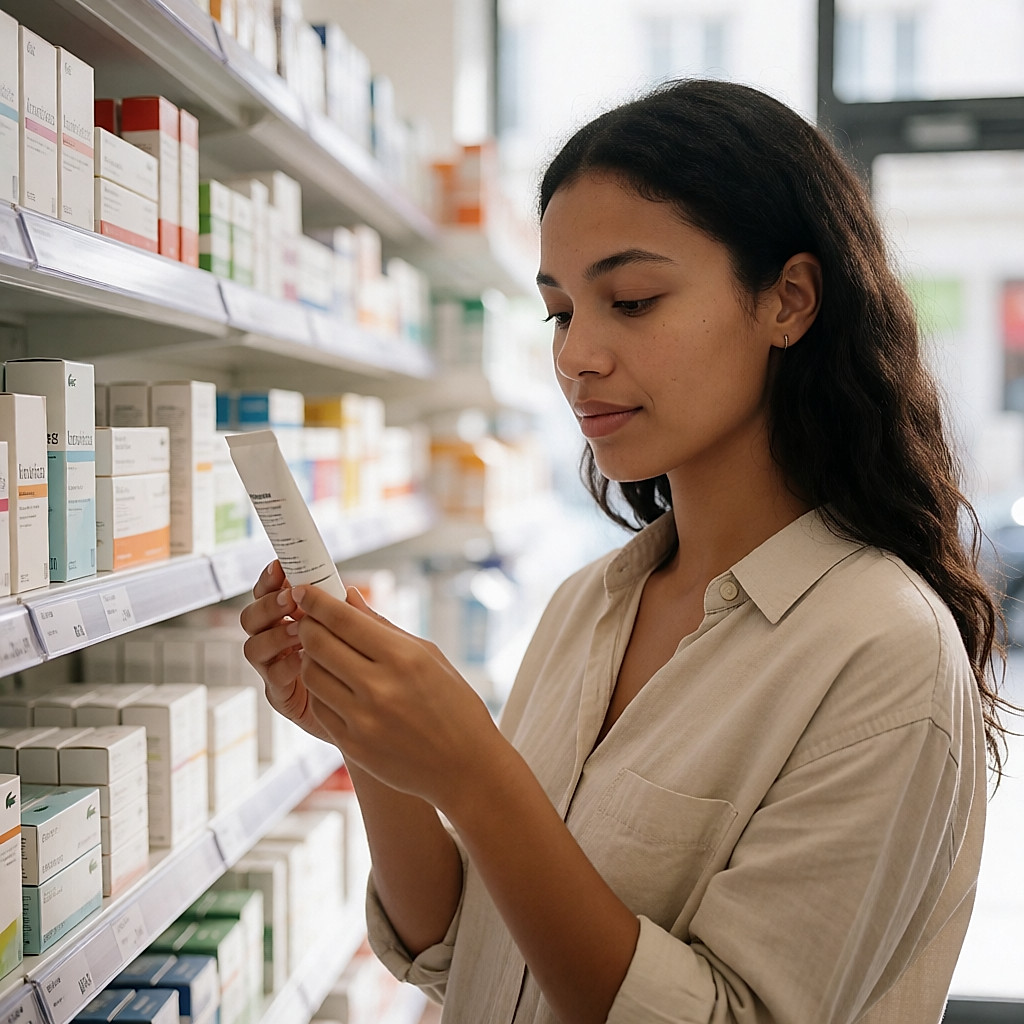 Jeune femme debout dans un rayon de pharmacie, lisant l'étiquette d'un tube qu'elle tient en main