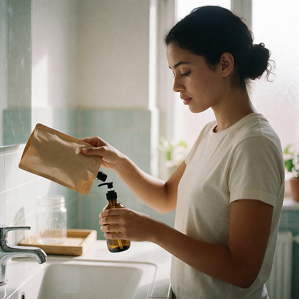 Jeune femme remplissant un flacon de verre ambré depuis une recharge en papier kraft, au lavabo