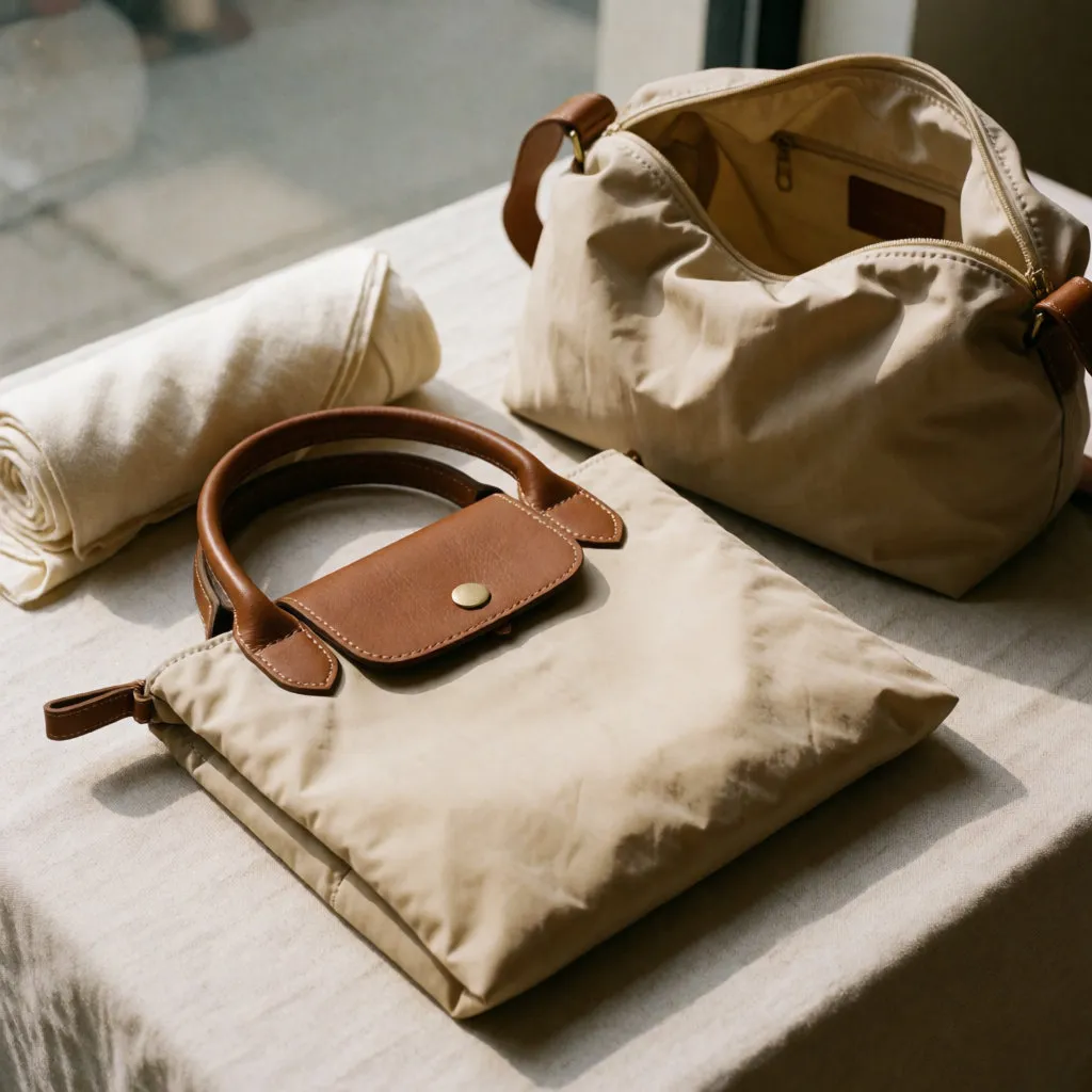 Saco de nylon dobrado, com abas em pele castanha, pousado junto a uma bagagem de cabine