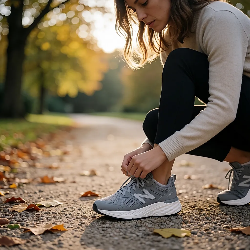 Une coureuse lace une basket de running à semelle épaisse sur un chemin de parc