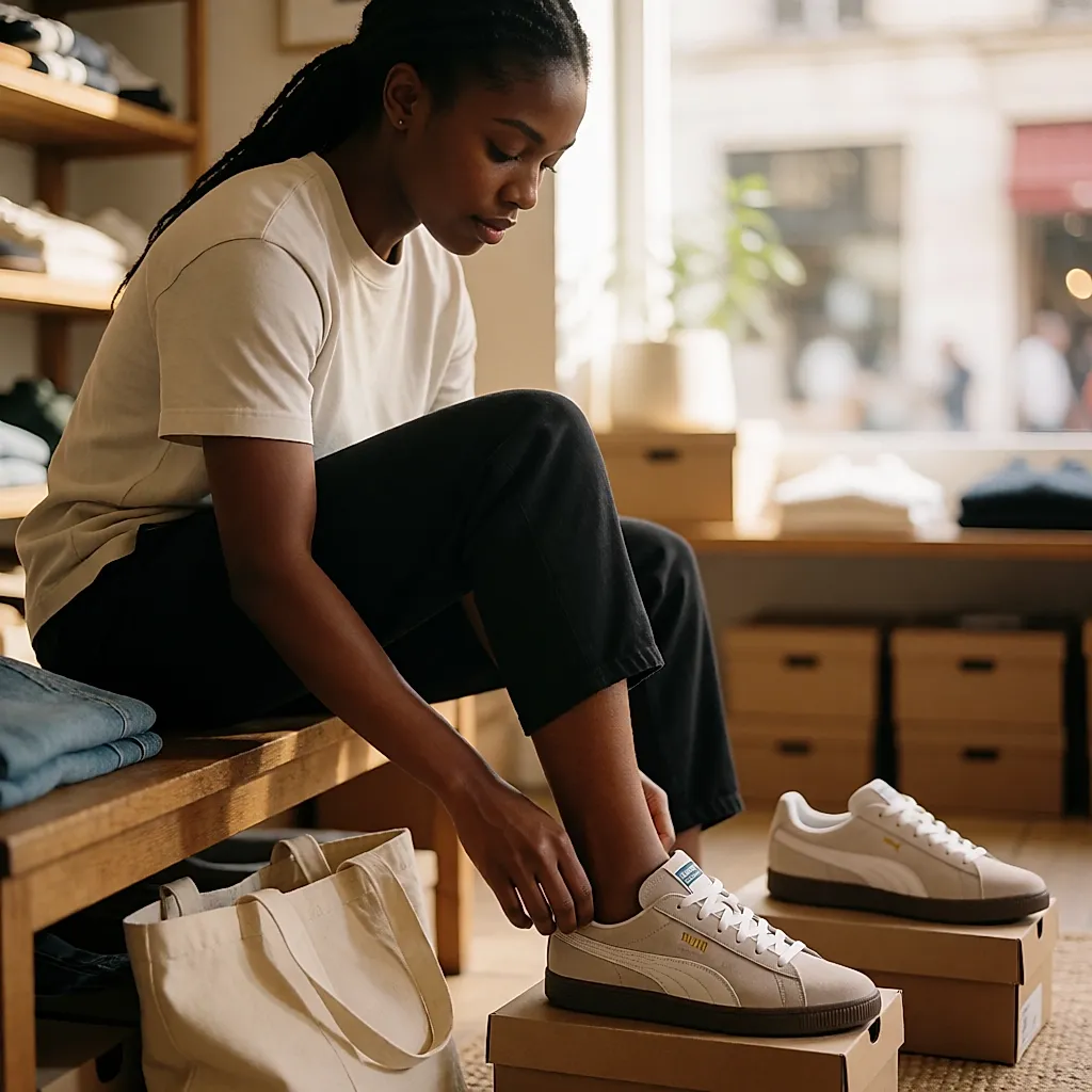 Une femme essaie une basket basse en suédine dans une boutique de sport