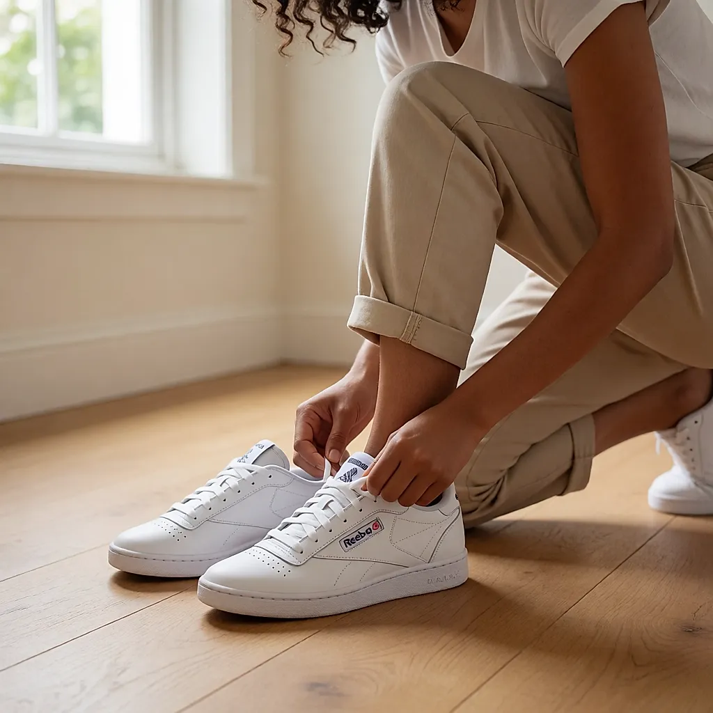Une femme noue les lacets d'une basket en cuir blanc dans une entrée lumineuse