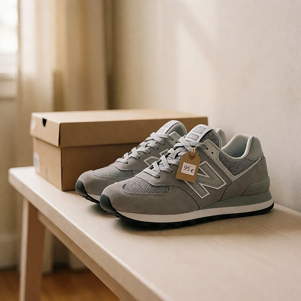 Une paire de baskets en suédine grise près de sa boîte, étiquette de prix nouée au lacet
