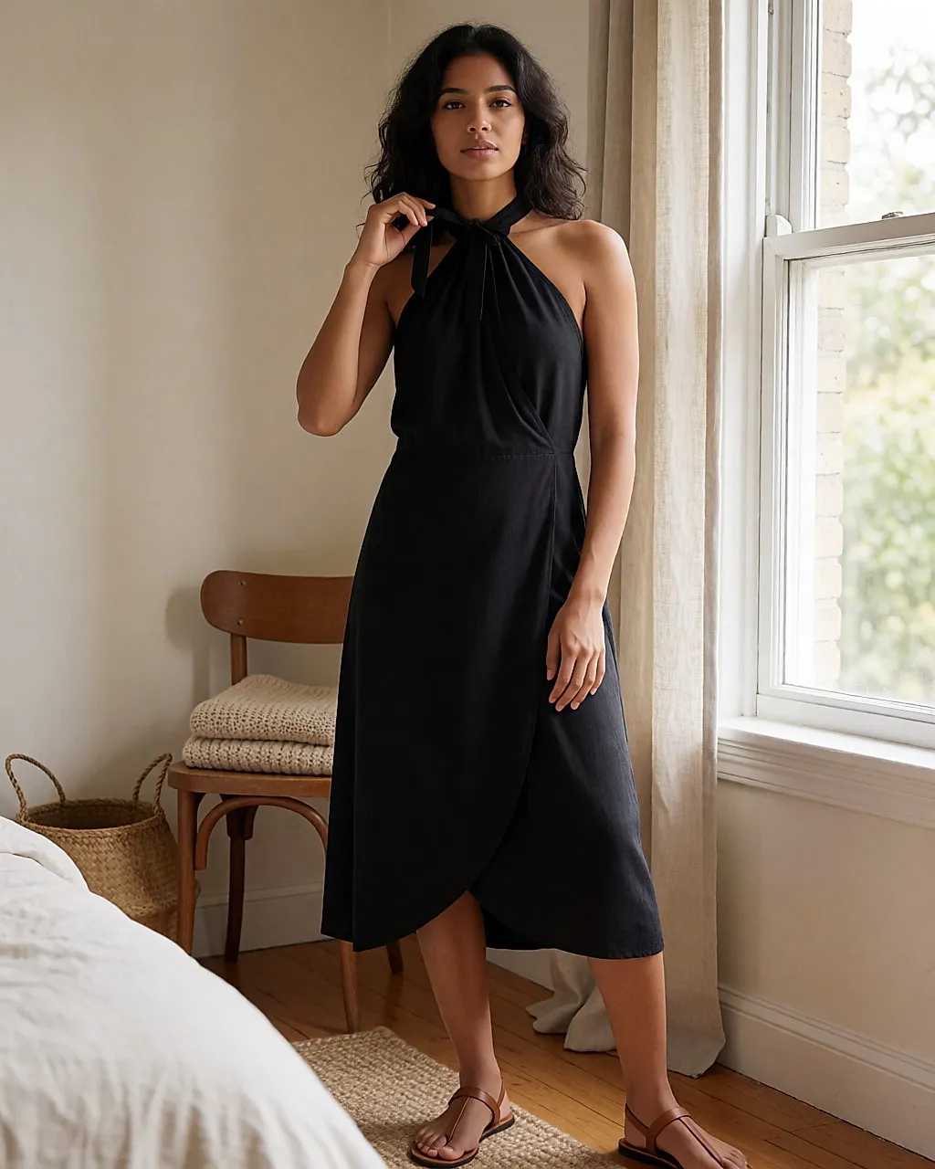 Black midi wrap dress with halter neck worn by a young woman near a window