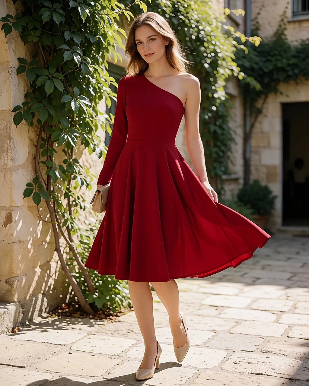 Cherry-red one-sleeve skater dress worn in a sunny courtyard