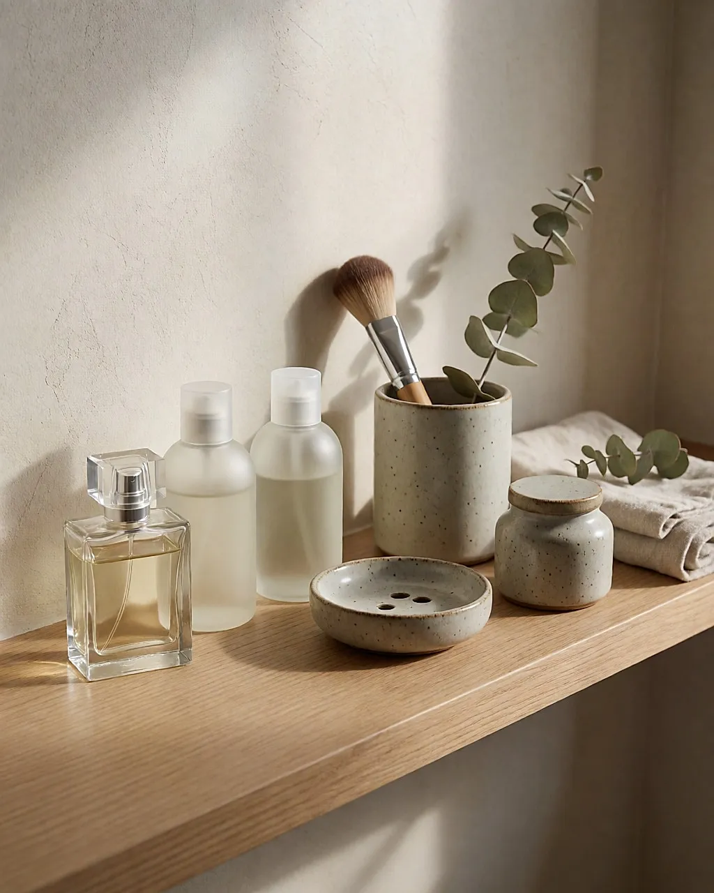 Light oak bathroom shelf with glass bottles, a cream jar and a brush