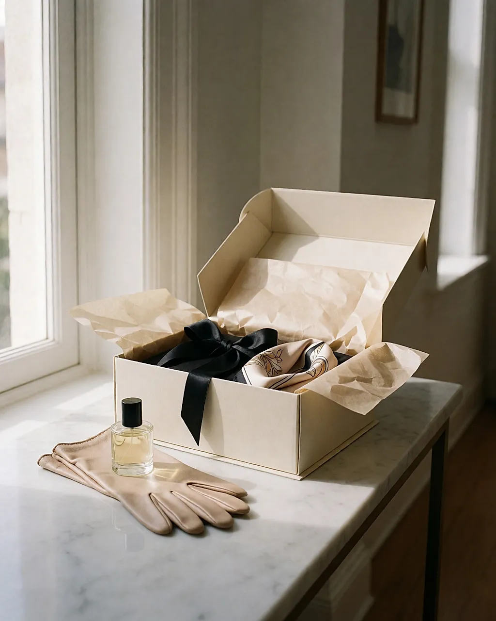 Open cream box, tissue paper and black satin ribbon on light marble