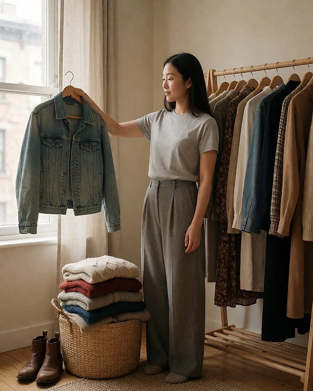 Young woman in front of a second-hand clothing rail in a bright living room