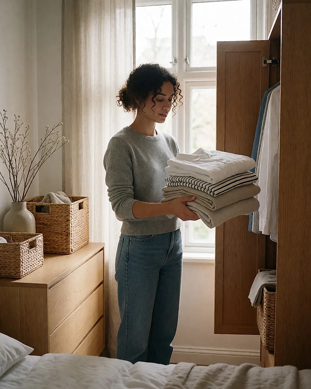 Young woman arranging folded cotton basics in a light wood wardrobe