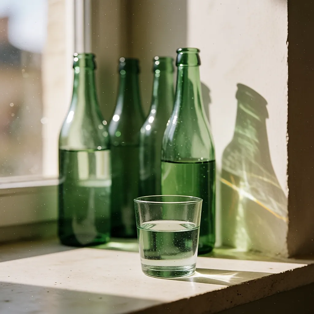 Botellas de vidrio verde sobre el alféizar de una ventana con luz de día
