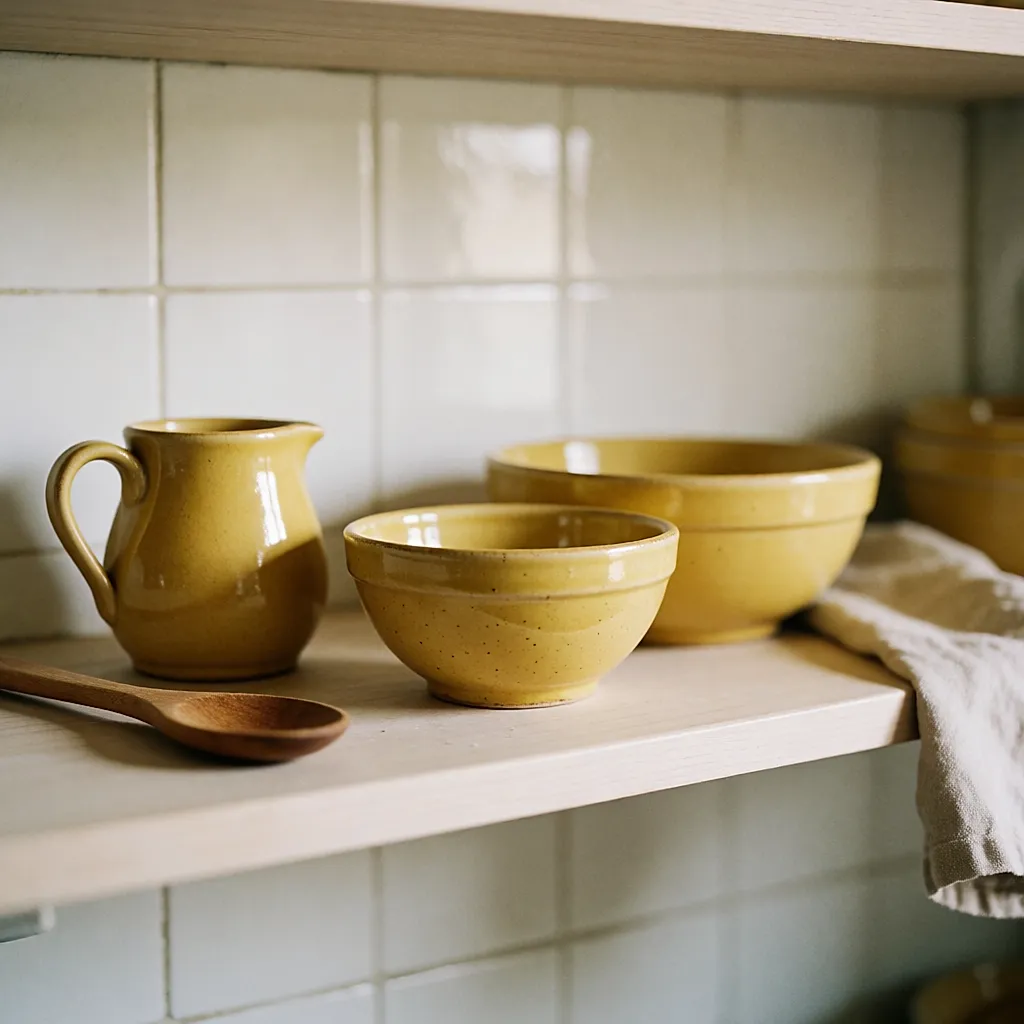 Jarra y cuencos de cerámica amarilla en un estante de cocina de madera