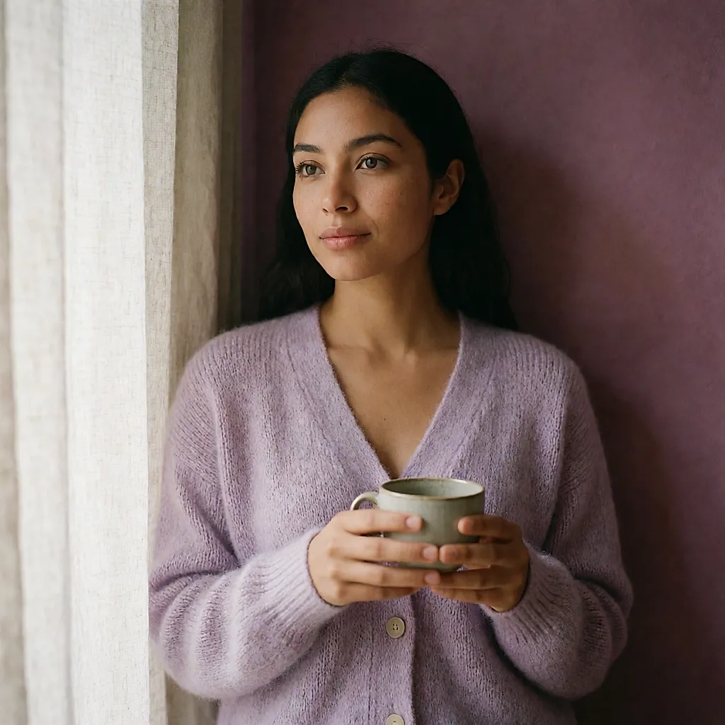 Mujer joven con cárdigan lavanda junto a una pared ciruela, taza en mano