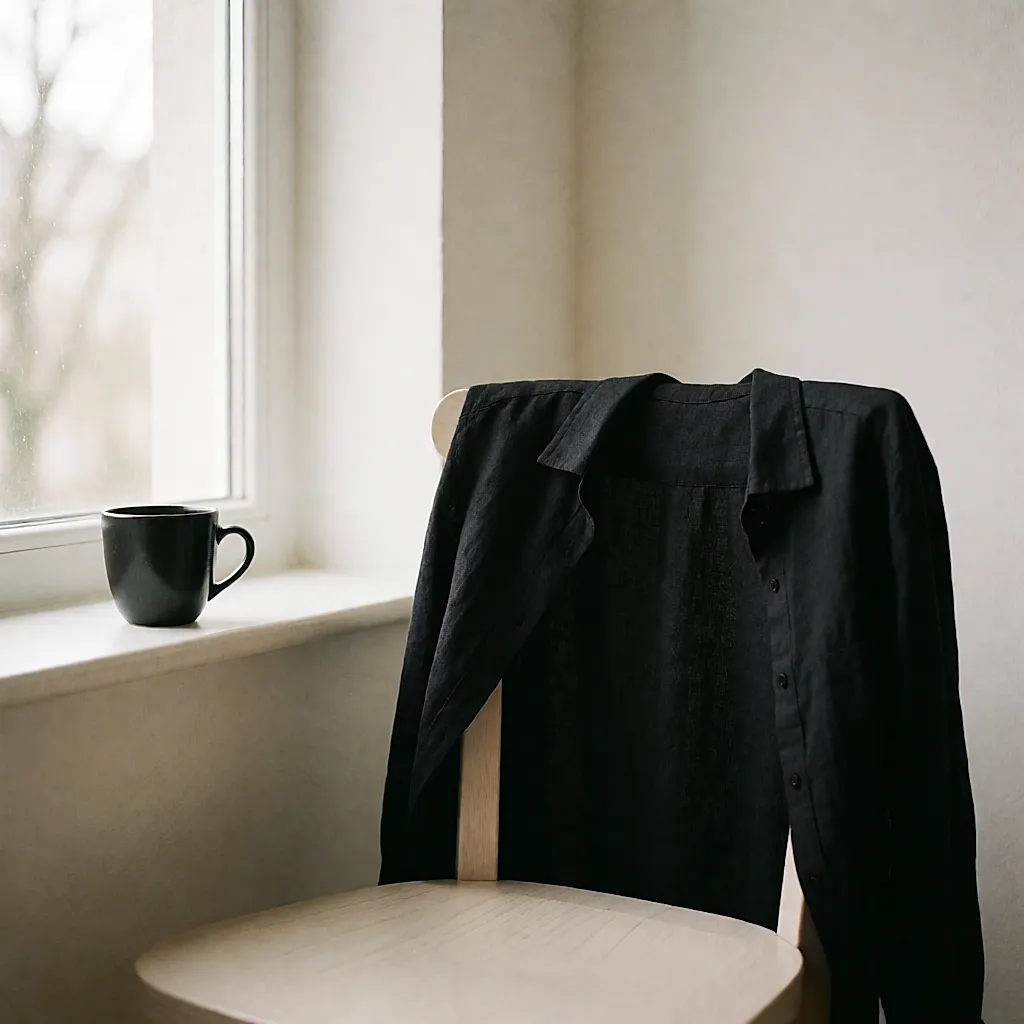 Camisa de lino negra sobre una silla de madera junto a la ventana