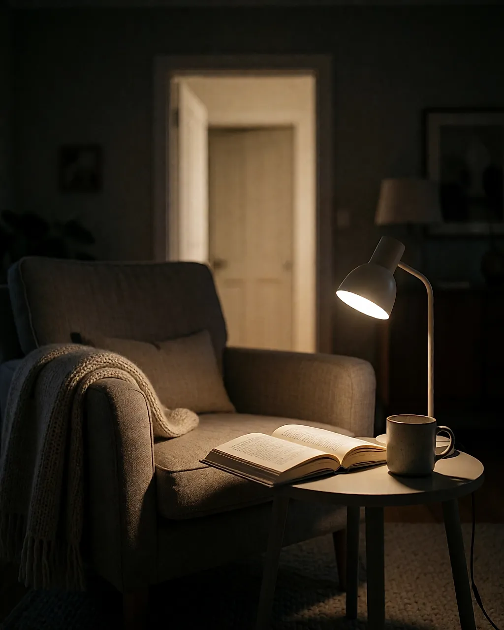 Wohnzimmer bei Nacht mit gedämpftem Licht: Sessel, Wolldecke, aufgeschlagenes Buch und eine Tasse