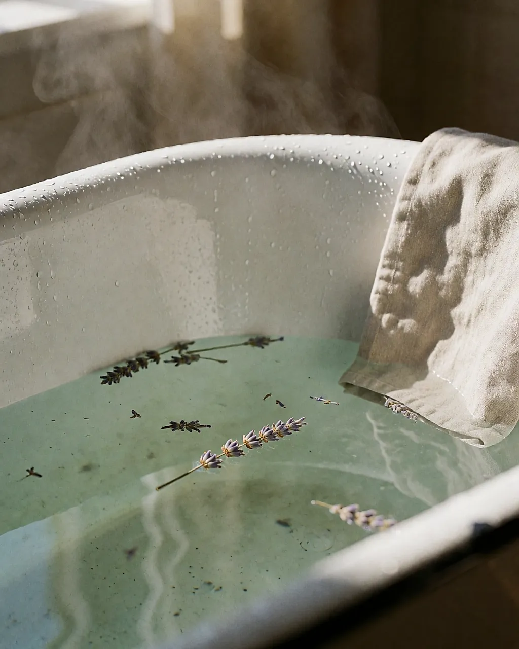 Dampf über dem Badewasser, getrocknete Lavendelblüten und ein Leinentuch
