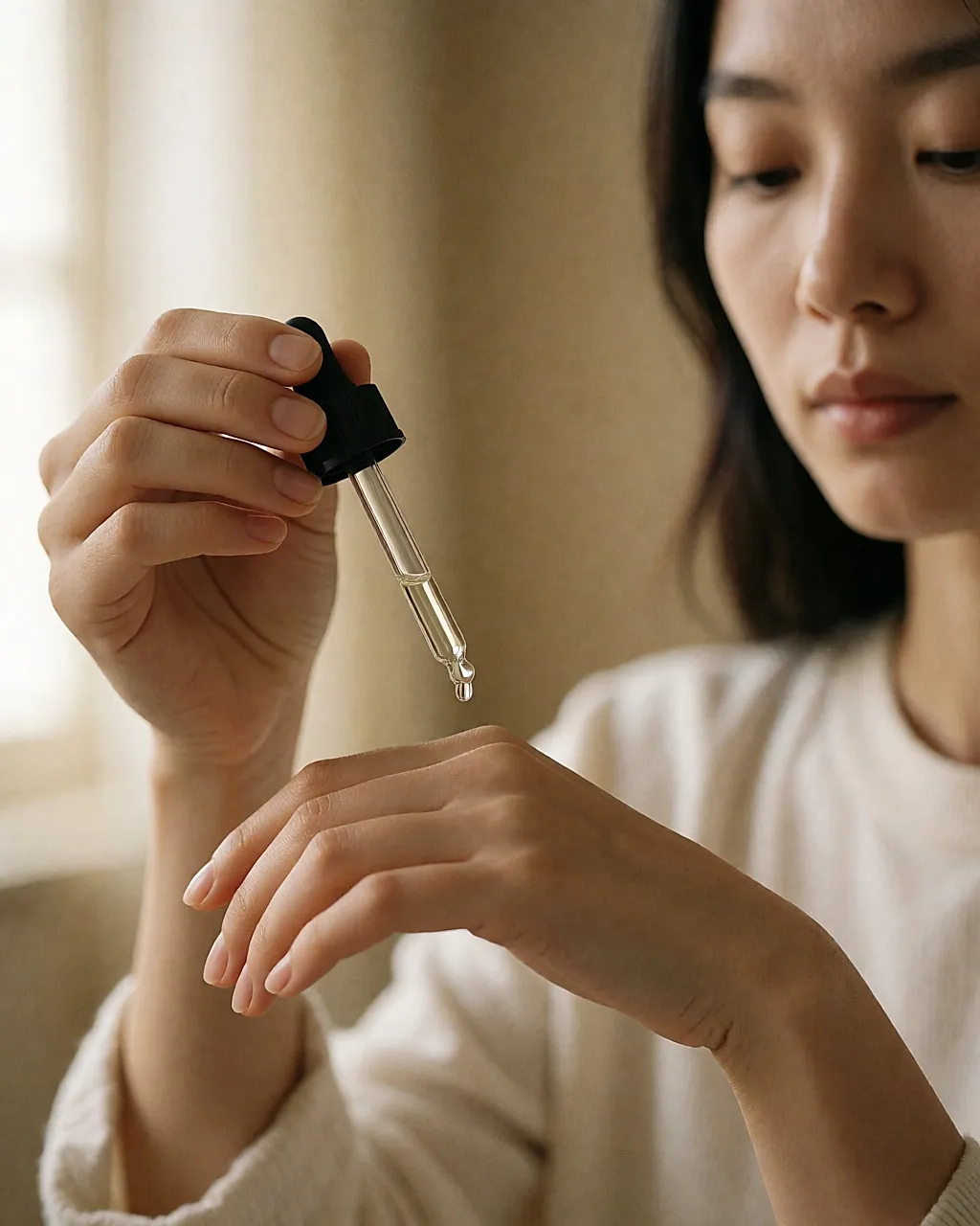 年轻女性手持滴管,一滴透明精华正悬在管口