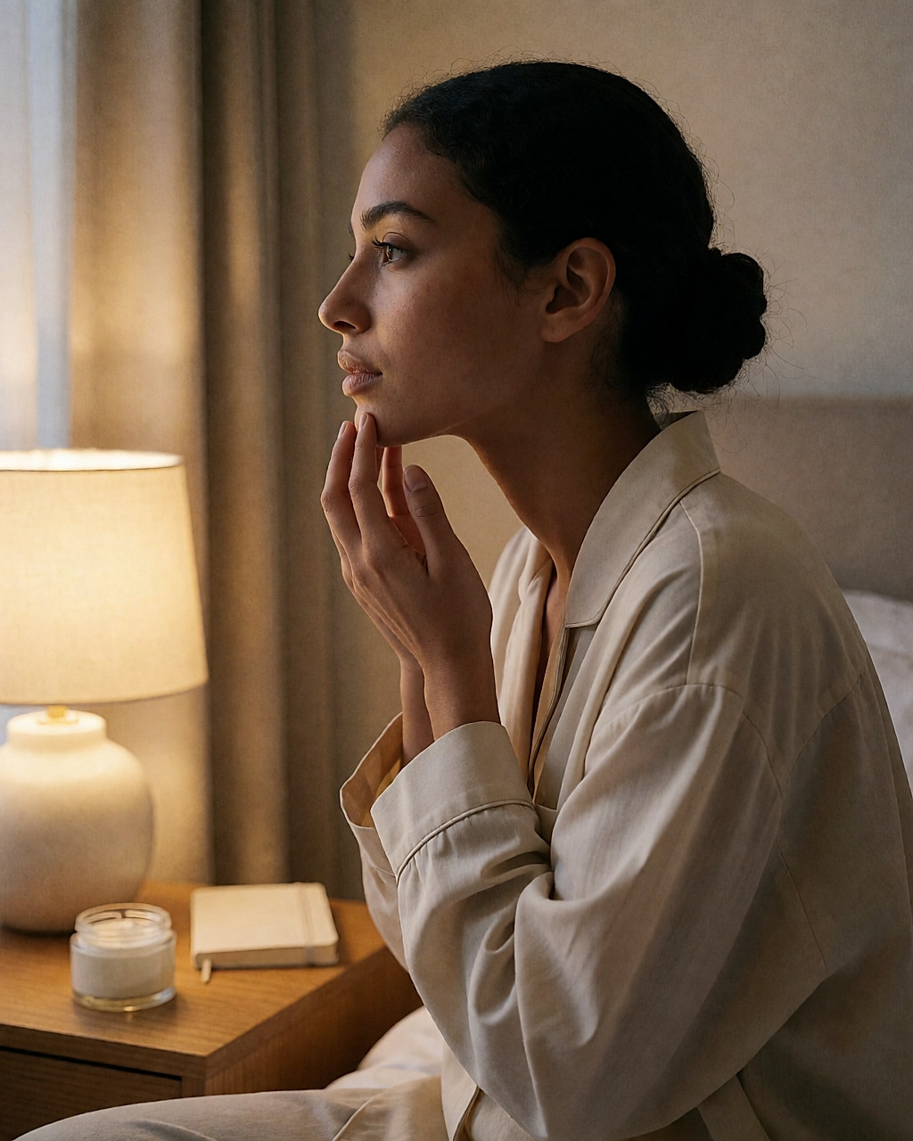 Femme de trois-quarts appliquant une crème de récupération sur sa mâchoire, chignon bas torsadé visible