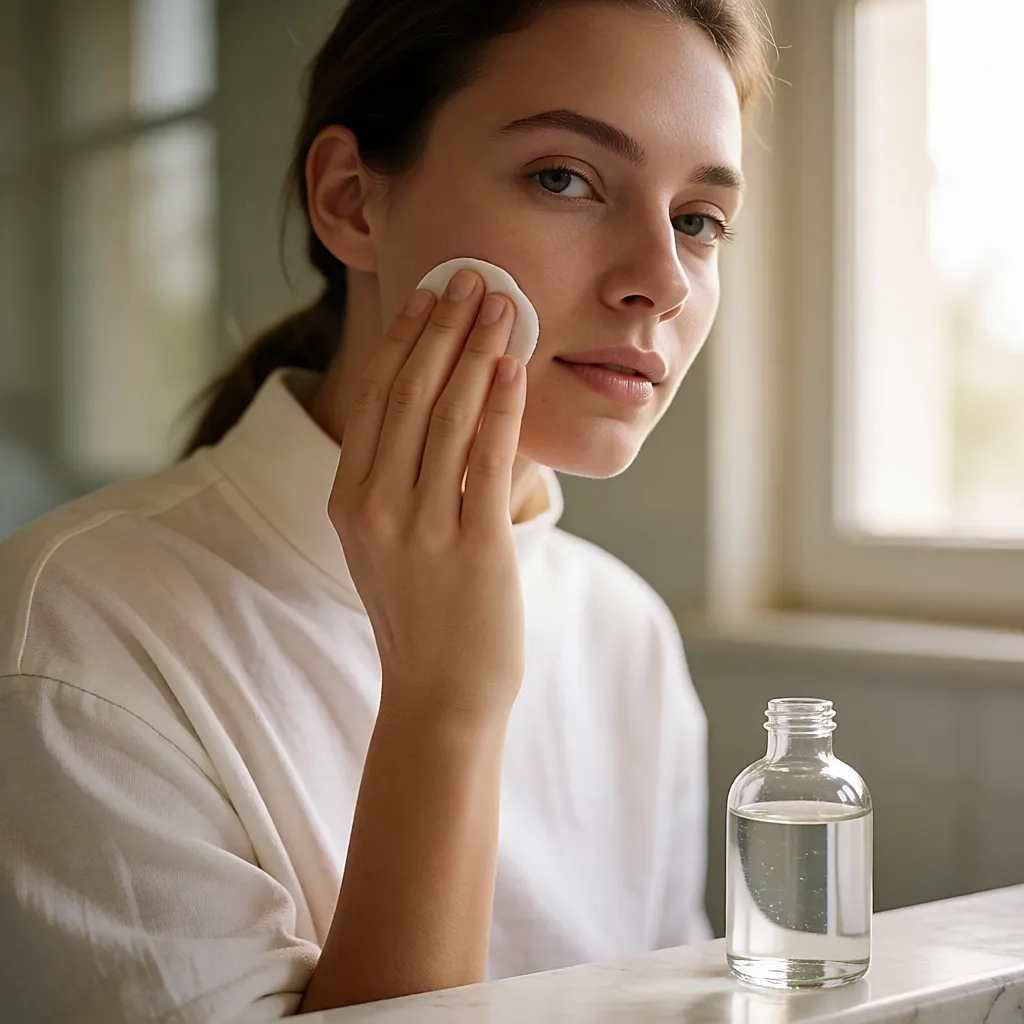 A cotton pad soaked in micellar water resting gently on a cheek, a no-rub cleansing step