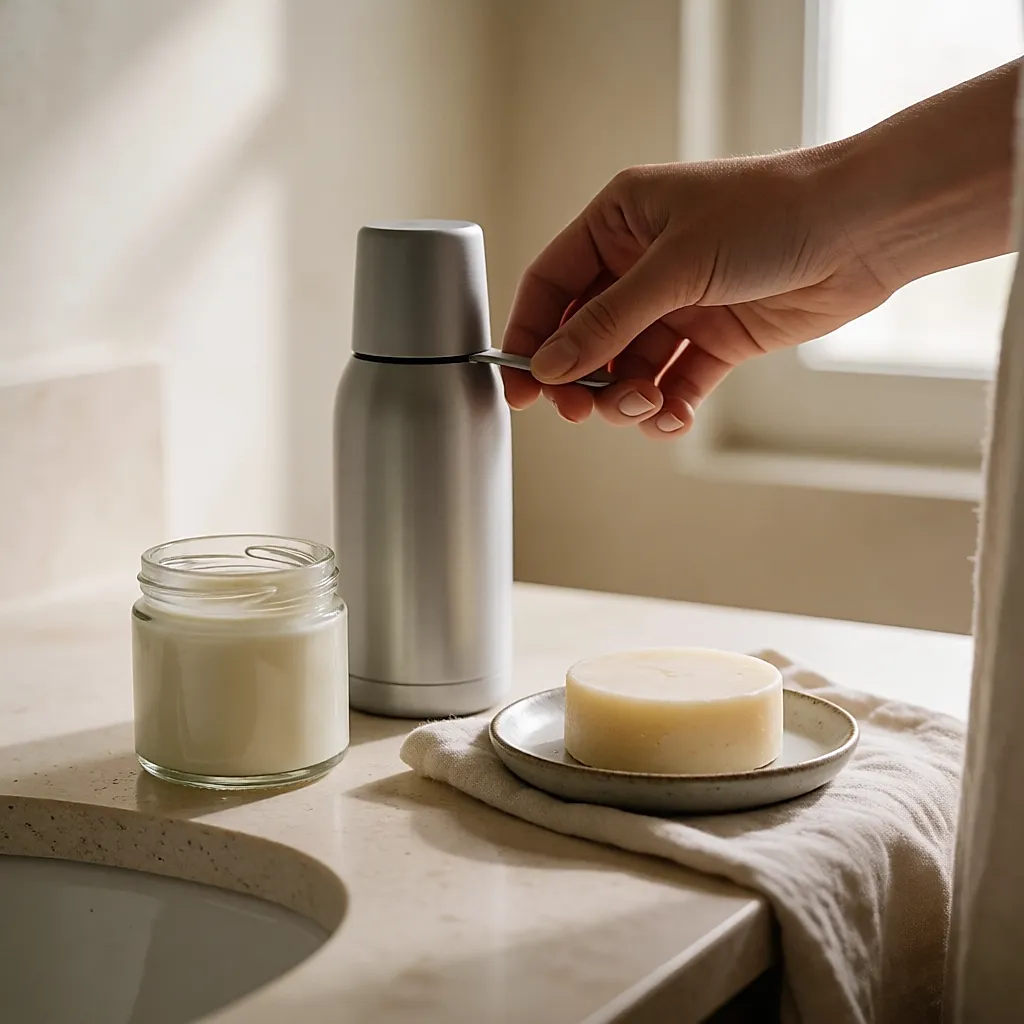 Three simple products on a shelf: thermal water, cream and a solid cleansing bar