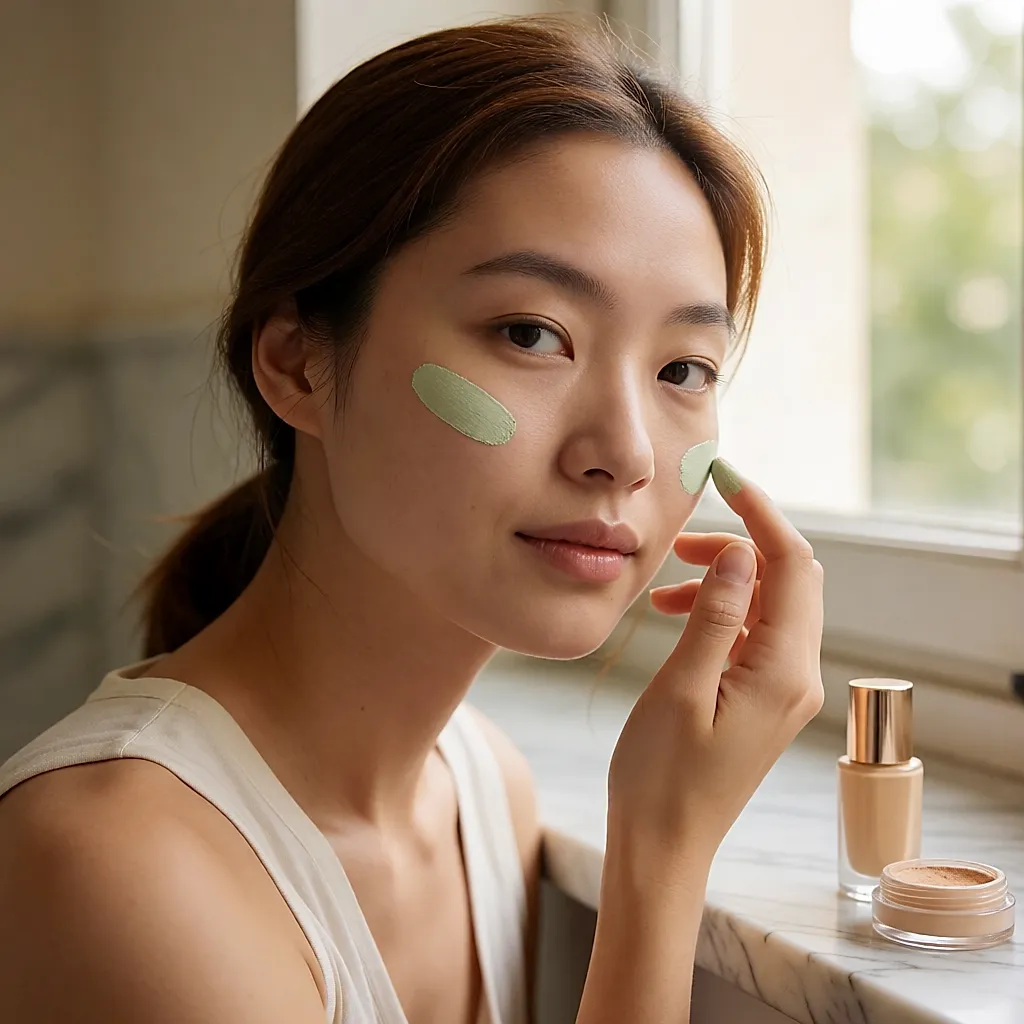 A touch of green concealer blended with fingertips on a reddened cheek