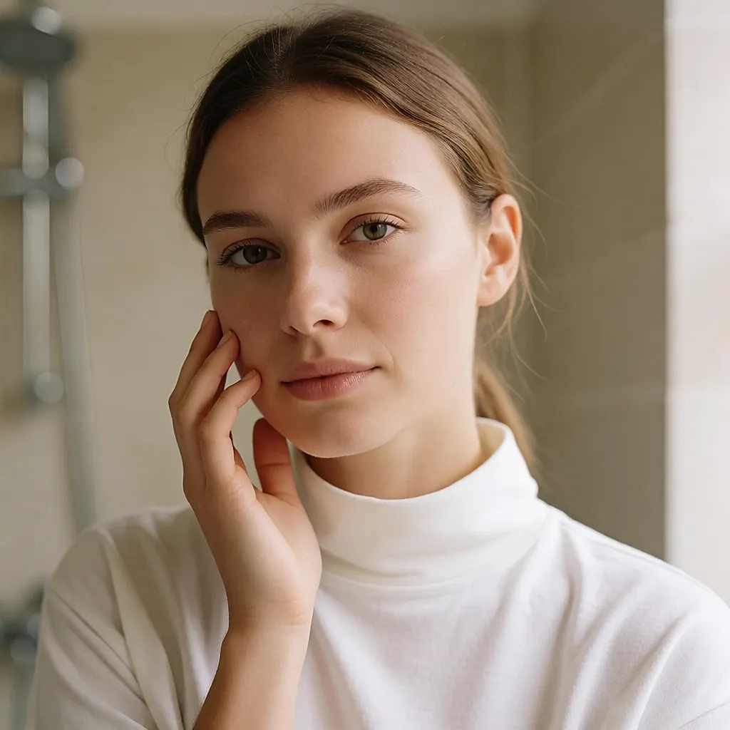 A slightly reddened cheek, fine vessels and tight-feeling skin under soft light