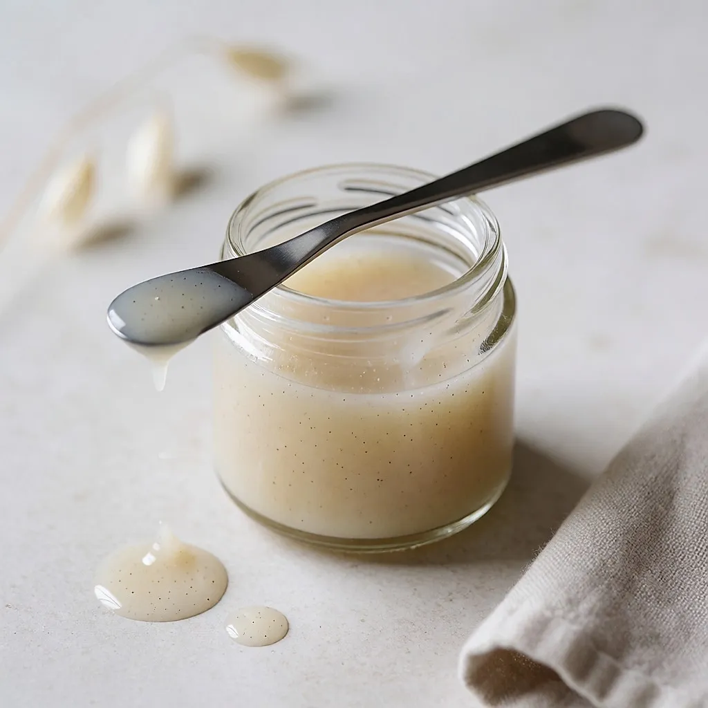 Filtrat de ferment laiteux dans un petit pot de verre posé sur une pierre claire