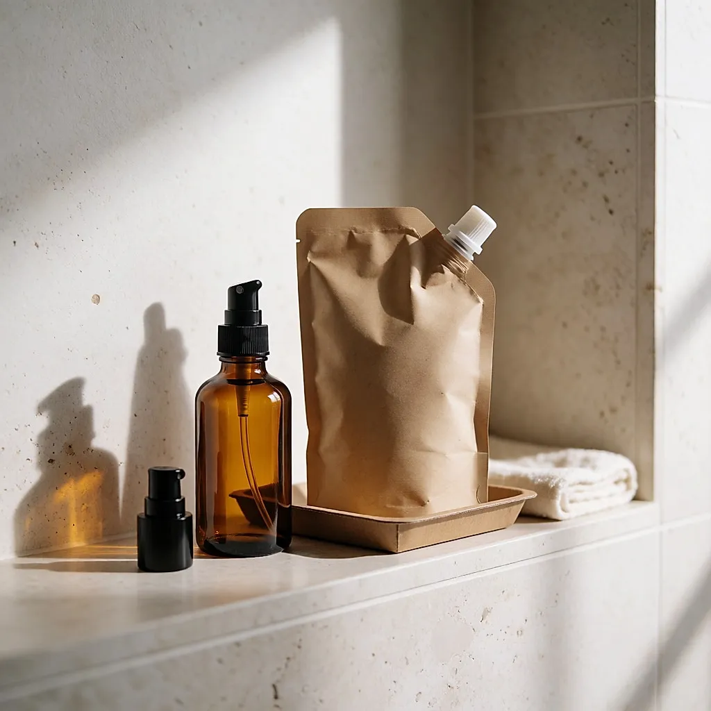Flacon de verre et recharge en papier kraft côte à côte sur l'étagère de la salle de bain