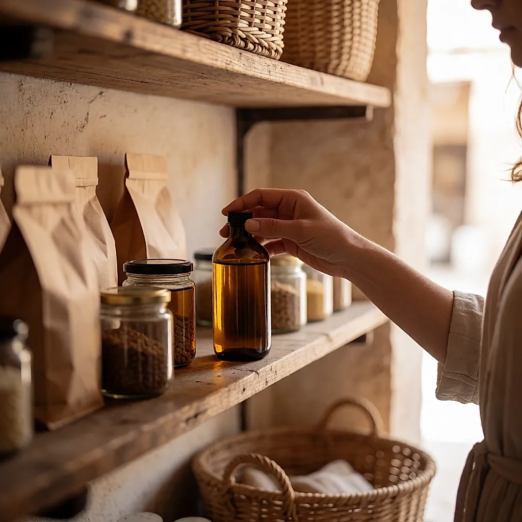 Une main attrape un flacon d'huile d'argan sur une étagère d'épicerie