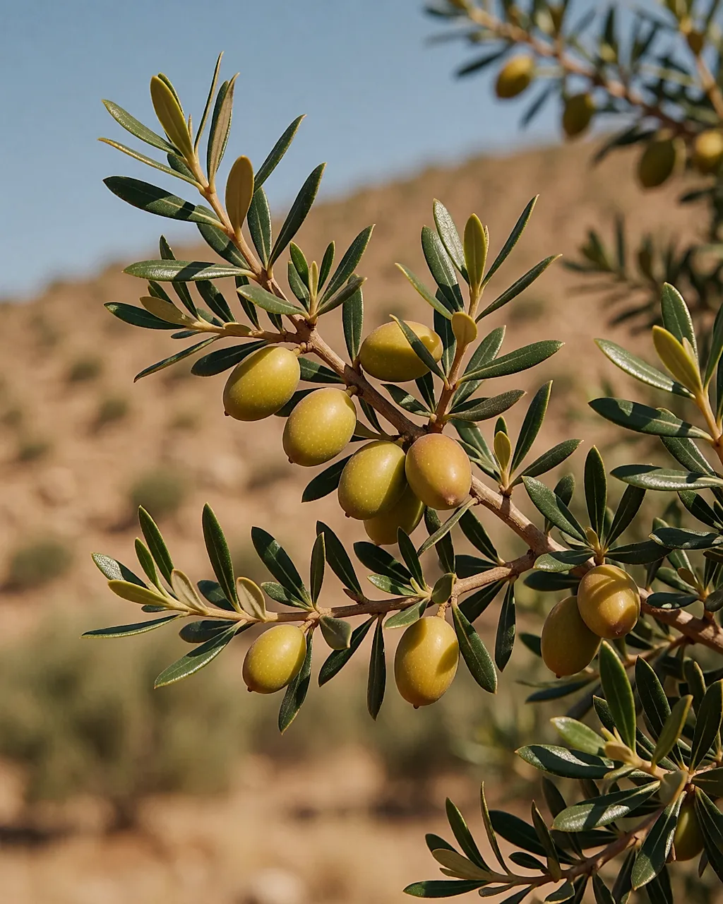 Rama de argán con pequeños frutos amarillo-verdosos, en primer plano