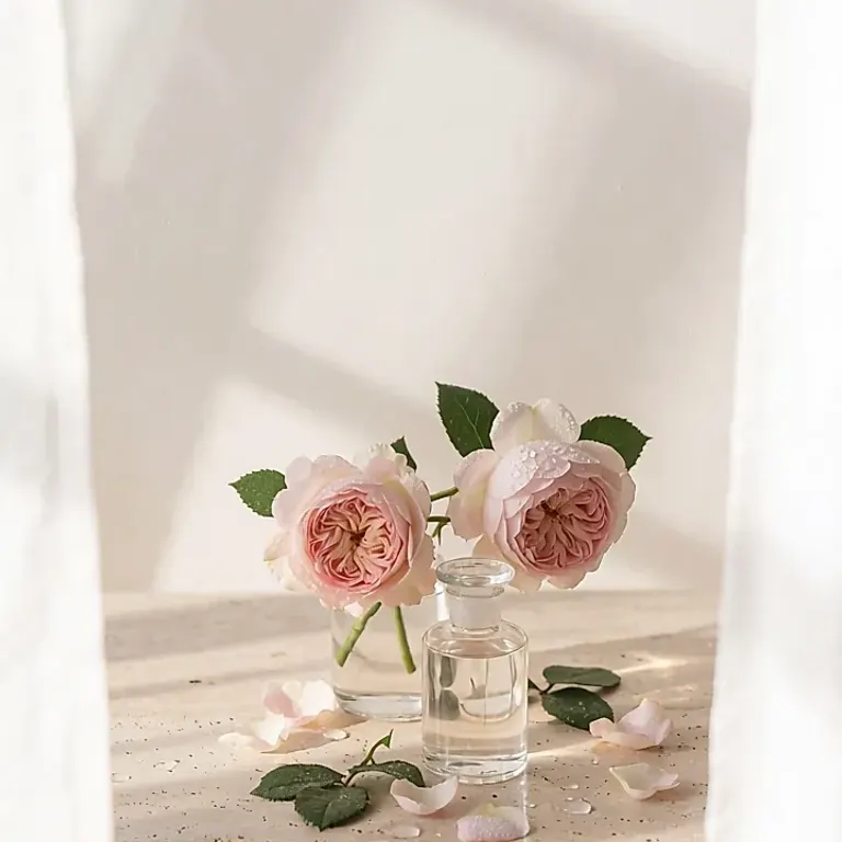 Rose water, musk rose oil and a rose face cream arranged together, showing the flower as a skincare ingredient